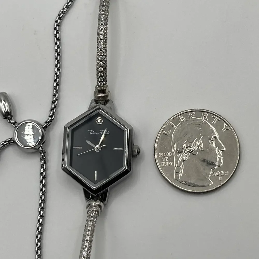 Diaofendi Fashion Hexagon Watch Bracelet Black Silver Tone Bolo Adjustable Strap